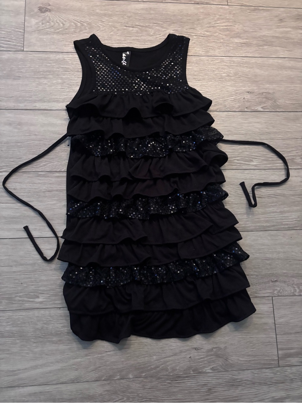 Tangerine Black Ruffle Sequin Tie-Waist Dress